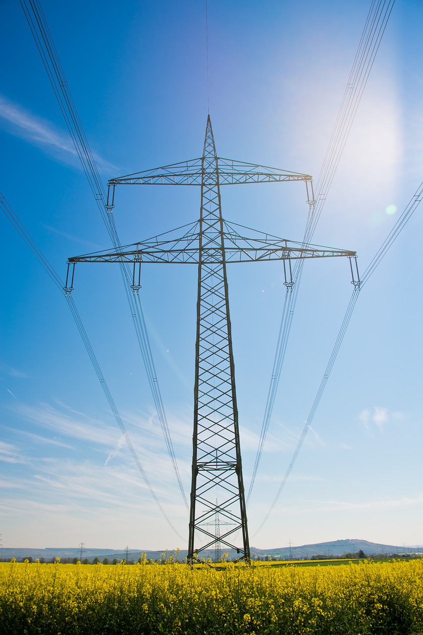 power Generation plant emitting steam and surrounded by electrical transmission lines.